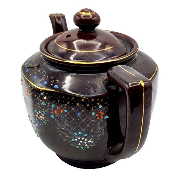 Vtg Hand Painted Teapot Redware Japan Moriage Brown Orange Blue Gold Trim 6.5x8 - Picture 4 of 14